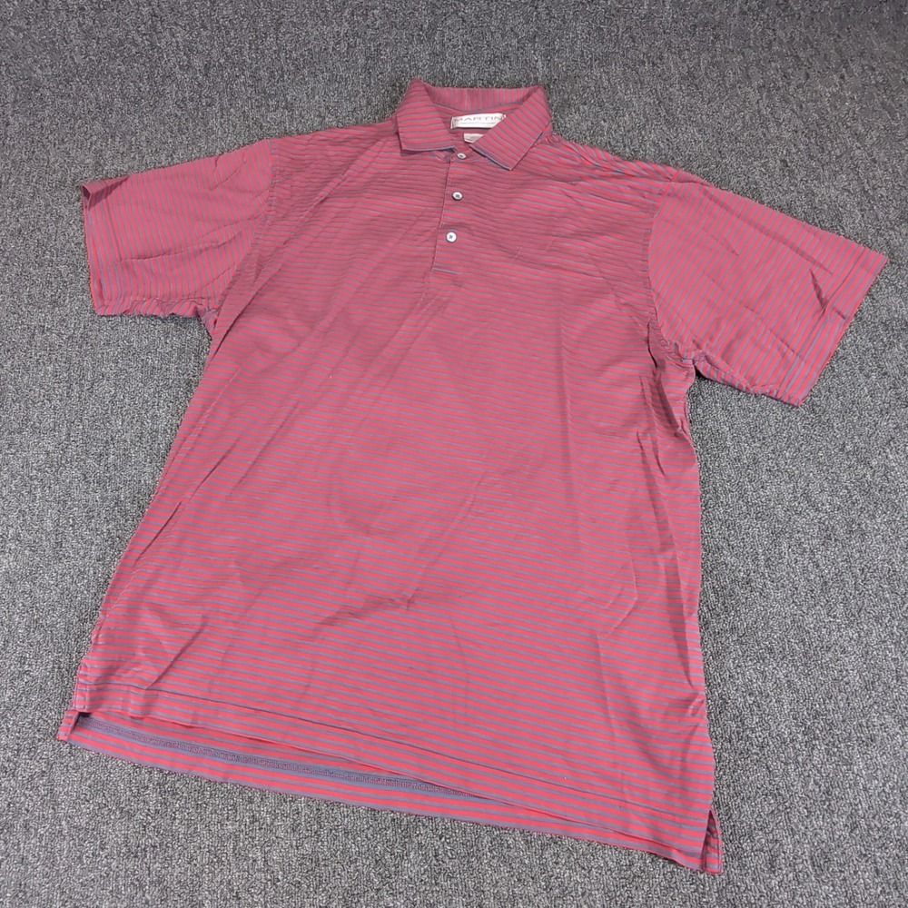 Martin Men Polo Shirt Medium Pima Cotton Red Blue Striped Vintage Golf Short Slv